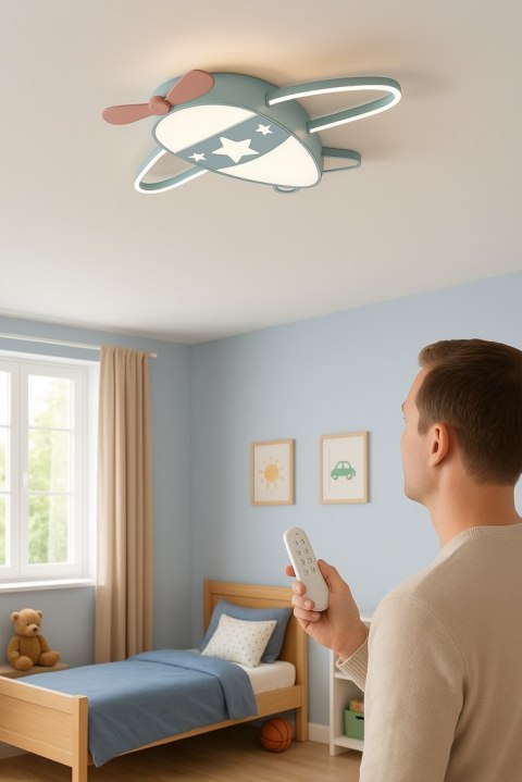 Lampa LED sufitowa plafon do pokoju dziecięcego ściemniana LUMELA + pilot samolot
