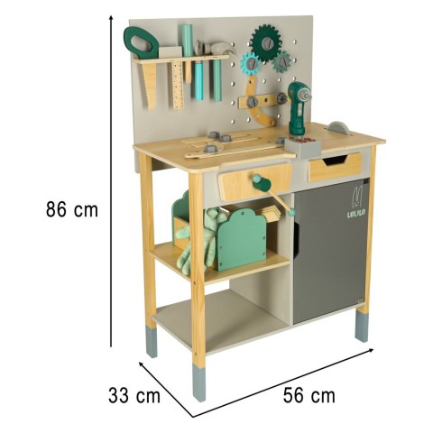 Warsztat drewniany LULILO Fikso zestaw małego majsterkowicza z narzędziami piła wkrętarka dźwięki 86cm