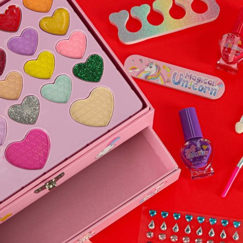 Kuferek zestaw kosmetyków do makijażu i paznokci makeup kosmetyki cienie lakiery szuflady jednorożec