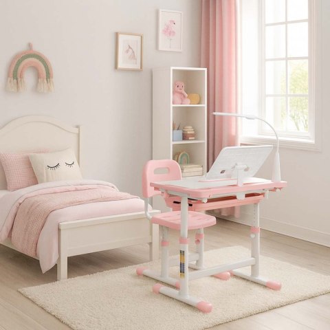 Biurko dziecięce szkolne regulowane krzesło lampka LED USB różowe
