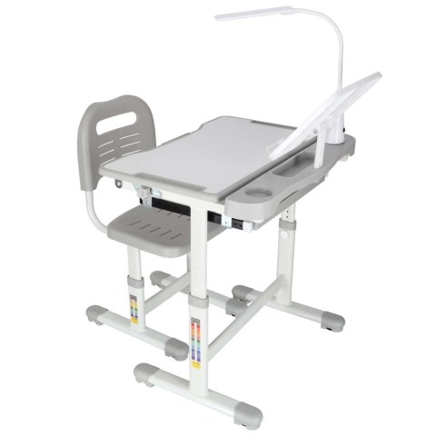 Biurko dziecięce szkolne regulowane krzesło lampka LED USB szare
