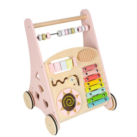 Pchacz dla dziecka chodzik drewniany z liczydłem różowy
