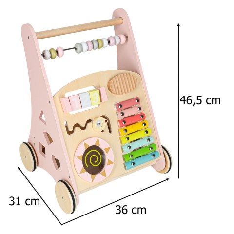 Pchacz dla dziecka chodzik drewniany z liczydłem różowy