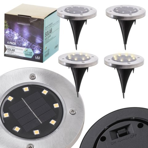 Lampy ogrodowe solarne najazdowe gruntowe wbijane świecący dysk 8LED 4szt. zimny biały